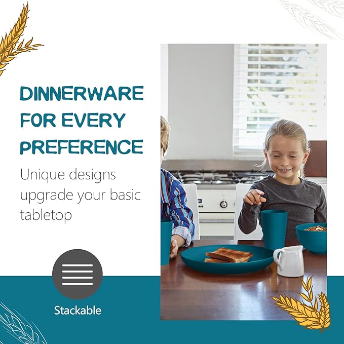 Teivio 32-Piece Kitchen Plastic Wheat Straw Dinnerware Set Service for 8 Dinner Plates Dessert Plate Cereal Bowls Cups Unbreakable Colorful Plastic Outdoor Camping Dishes Dark Blue