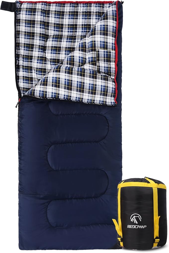 REDCAMP Cotton Flannel Sleeping Bag for Camping 41F/5C Cold Weather Warm and Comfortable Envelope Blue 4lbs(75x33)+Memory Foam Camping Pillow Lightweight Travel with Removable Pillow Cover
