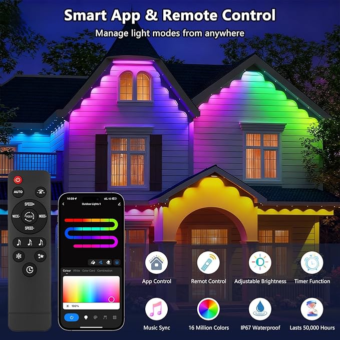 Permanent Outdoor Lights for House: 100FT 60LED Smart RGB Eave Light for Christmas Decor Warm/Cool Lighting for Daily DecorationsIP67 WaterproofCompatible with Alexa Google Assistant