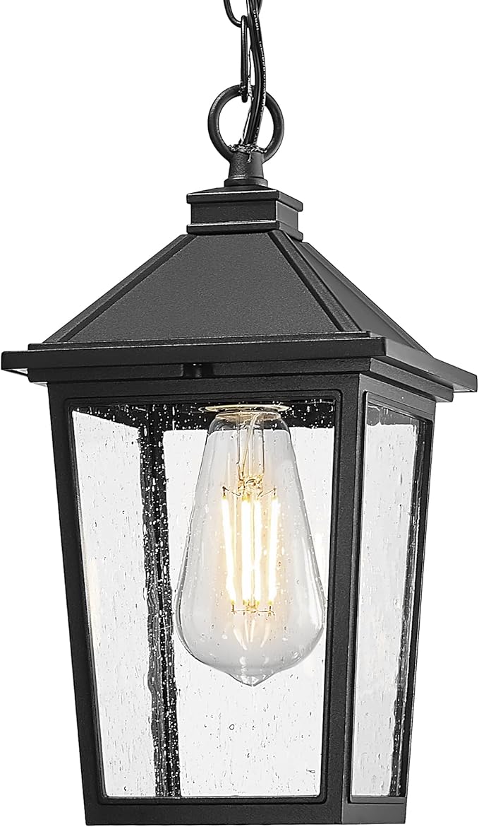 Outdoor Pendant Lights for Porch HWH Exterior Hanging Lantern Farmhouse Outdoor Pendant Light for Gazebo Seeded Glass Shade Matte Black 5HX64HM BK (Large)