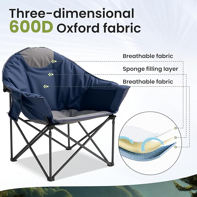 Oversized Camping Chair 500lbs Heavy Duty - Moon Saucer Folding Chair with Cup Holder Padded for Outdoor Lawn Sports Patio (Blue &amp Gray)