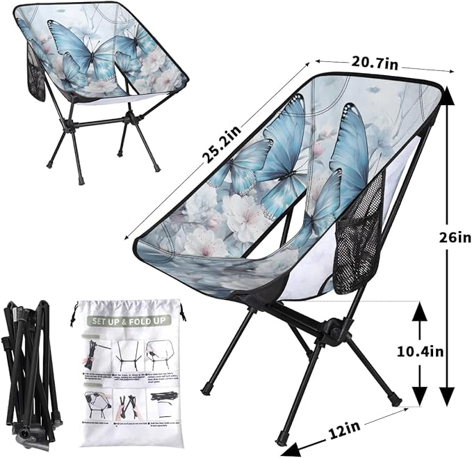 Portable Camping Chair Flowers Butterfly Ultralight Folding Camping Chair Abstract Butterfly Backpacking Hiking Chair with Cup Holder for Outdoor Travel Beach Picnic Festival 176 lbs Capacity