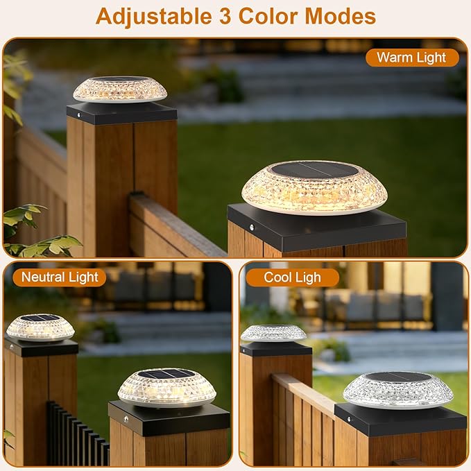 4x4 Solar Post Cap Lights 12 Pack: Fence Post Solar Lights with 3 Lighting Modes &amp Round Lampshade - Waterproof Outdoor Deck Post Light for Garden/Patio/Porch (Black)