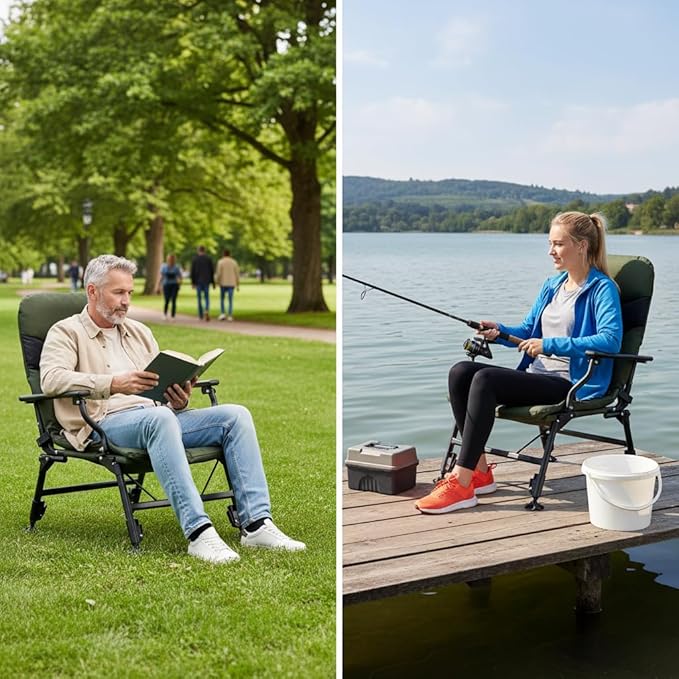 GYMAX Foldable Fishing Chair Heavy Duty Oversized All-Terrain Camping Chair 180° Adjustable Padded High-Back Portable Recliner for Outdoor Patio Beach (No Footrest)