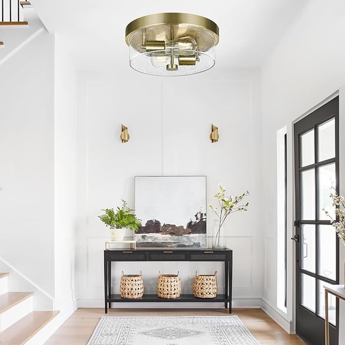 Flush Mount Ceiling Light Fixtures 2-Light Brass Ceiling Mount for Farmhouse with Seeded Glass Lampshade Industrial Hall Flush Mount Light Fixture for Hallway Kitchen Entryway Bedroom and Foyer