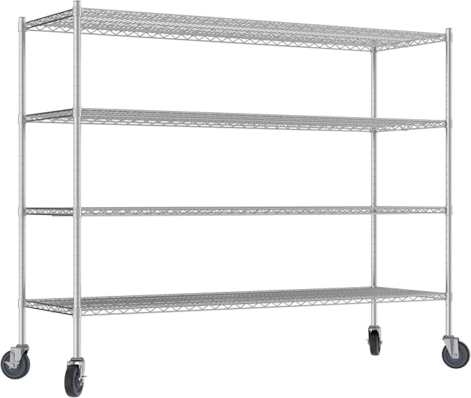 Commercial NSF Listed Chrome Mobile Wire Shelving Kit 24 x 72 x 60 with 4 Shelves Perfect for Warehouse Walk-in Refrigerator Freezer Grocery Store Restaurant Dishroom