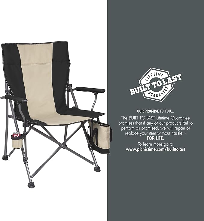 PICNIC TIME Big Bear XXL Folding Camping Chair with Insulated Cooler Oversized Portable Lawn Beach &amp Camp Chair with Cup Holder Storage Pocket Carry Bag 500 lb Capacity (Black)