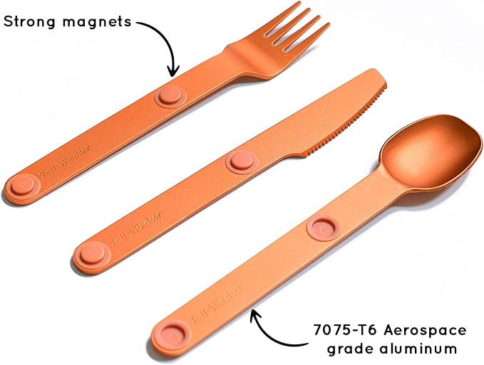 FULL WINDSOR - MAGWARE Magnetic Camping Cutlery Set - Travel Utensils for Camping Cooking and Outdoor Dining - Knife Fork &amp Spoon - Portable Silverware with Pouch for Backpacking - Orange (3 PC