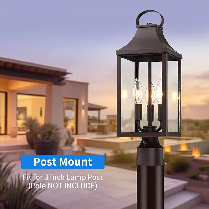18.62'' Dusk to Dawn Post Light Outdoor Large 3-Light Lamp Post Light Fixture Modern Pillar Outside Lighting Waterproof Post Lantern Lamp Outdoor Post Light Fixtures Pole Lights for Porch Brown