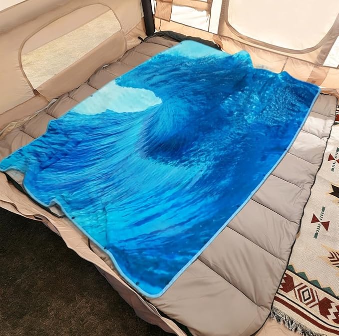 Outdoor Camping Quilt Warm Thick Blanket with Polar Fleece Packable Down Wearable Camp Blankets with Snap Buttons Soft Puffy Camping Quilt for Cold Weather (Waves 76'' x 56'')