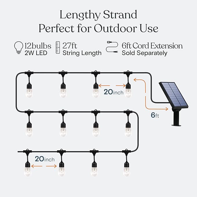 Brightech Ambience Pro Solar Powered Outdoor Patio String Lights - Commercial Grade 27 Ft Waterproof with 12 Edison Bulbs  Shatterproof LED - 2W  Soft White