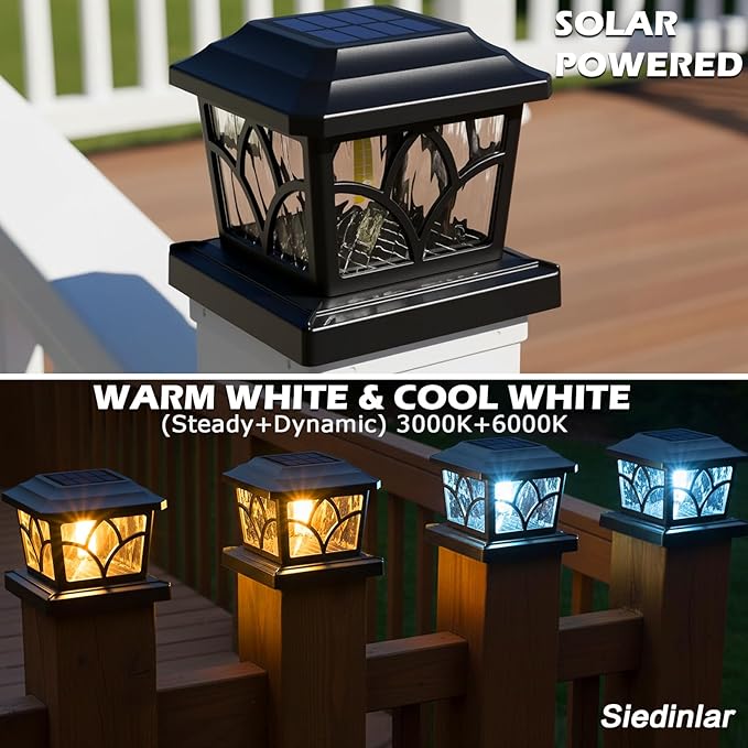 SIEDiNLAR Solar Post Cap Lights Outdoor 4 Modes 40 LEDs Aluminum Glass Fence Post Light for 4x4 5x5 6x6 Vinyl Wooden Posts Patio Deck Decor Warm White &amp Cool White Dynamic Lighting Black (4 Pack)
