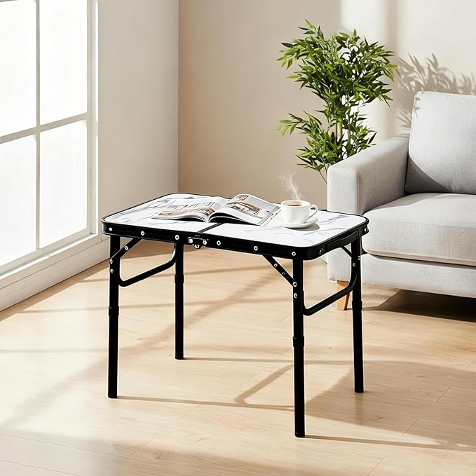 Small Folding Camping Table 2ft Portable Table with 3 Adjustable Heights Aluminum Lightweight Foldable Picnic Table with Mesh Layer and Extension Legs for RV Camp and Indoor (Black Frame)