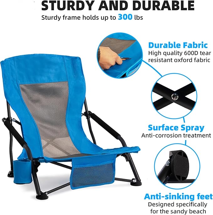 Folding Camping Chair - Lightweight Portable Beach Chair with Cup Holder Heavy Duty 300lbs Capacity Lawn Chair for Outdoor Camping Travel Concert (Light Blue)