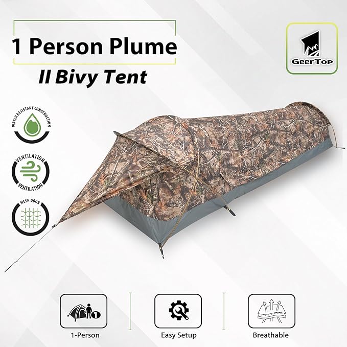GEERTOP Ultralight Single Person Bivy Tent for Camp Waterproof 1 Man Tent for Camping Hiking Backpacking Hunting Outdoor Survival Gear - Easy Set Up