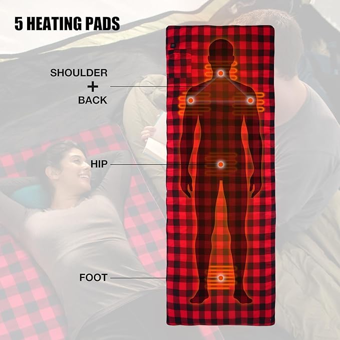 REDCAMP Heated Sleeping Bag Pad Heated Sleeping Bag Liner 5 Heating Zones 3 Adjustable Heat Settings USB Heating Pad for Cold Weather Camping Backpacking or Hiking Green/Red