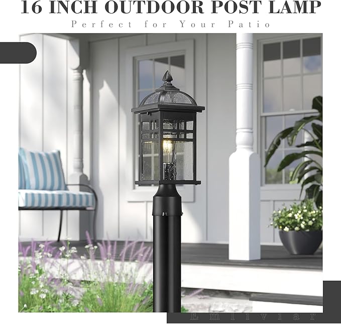 Emliviar 16 Inch Outdoor Lamp Post Light Fixture Modern Outdoor Pillar Light for Outside Waterproof Aluminum in Black Finish Seeded Glass DE281P BK