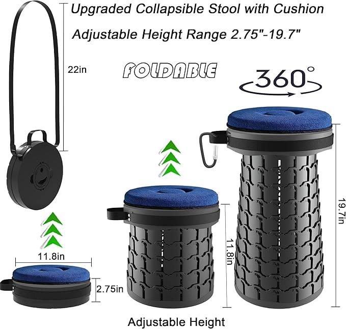 ALEVMOOM XXL Collapsible Stool with Thick CushionTaller 19.7 Wider 11.8 Camping Chair More Sturdy Capacity 1000LBSPortable Telescoping Adjustable Stool for Garden Fishing Hiking BBQ (Large Black)