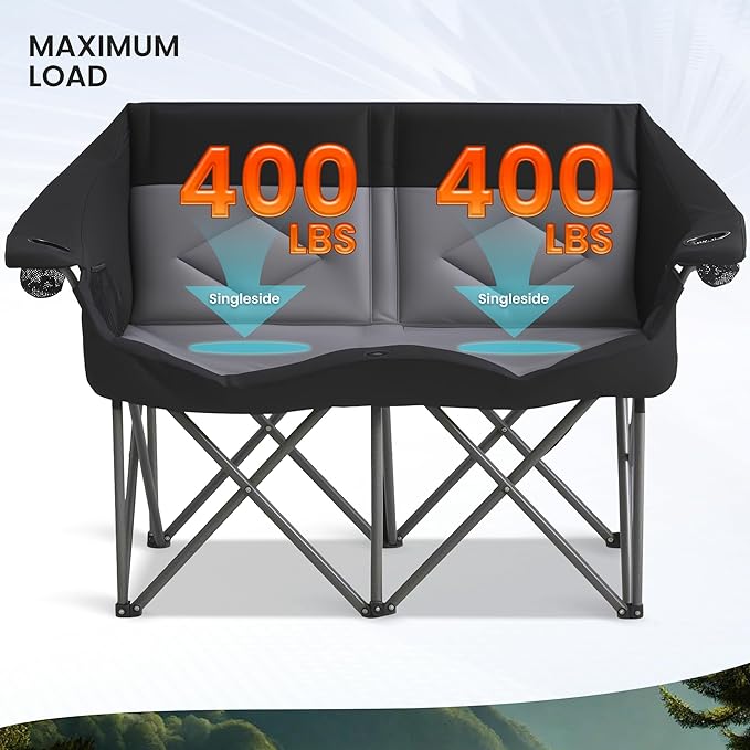 Foldable Double Camping Chair Heavy Duty 800 LBS Capacity with 2 Cup Holders &amp Side Pocket for Outdoor Camping Picnic (Black 1 PCS)