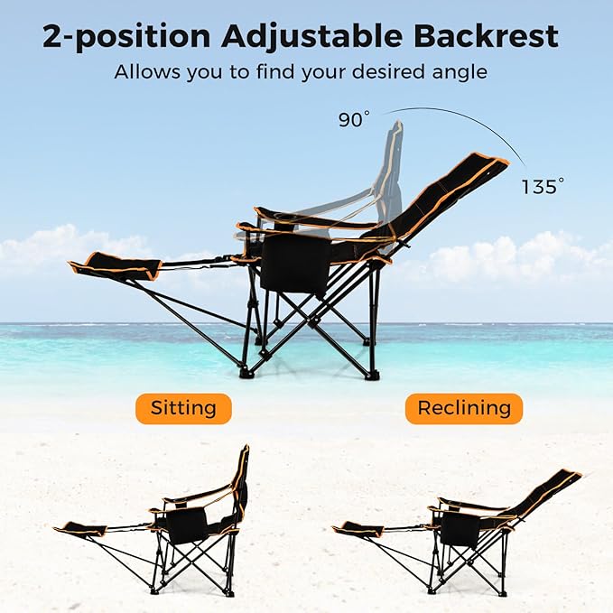 KOTEK Reclining Camping Chair Portable Camp Chair with Removable Footrest Adjustable Backrest Cup Holder Cooler Bag &amp Carry Bag Folding Lawn Chair for Adults Outdoor Activities (1)