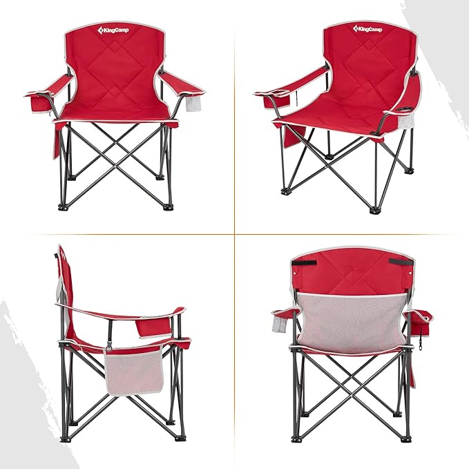 KingCamp Portable Folding Camping Quad Chair Oversized Fully Cushioned Seat with Side Pocket and Cup Holder for Tailgates Beach Lawn