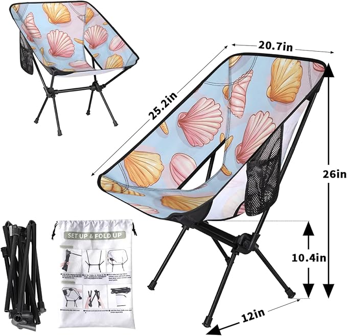 Honeybaby Folding Camping Chair Starfish Seashell Theme Camping Chairs Lightweight Portable Chair Outdoor Foldable Chairs for Camping Travel Picnic Beach Hiking