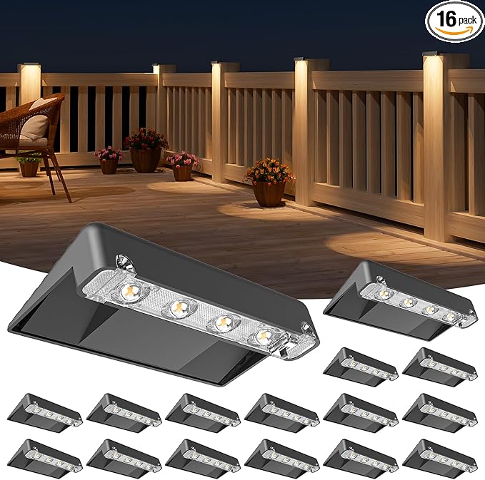 NIORSUN Solar Deck Lights Outdoor 16 Pack IP65 Waterproof Large Size LED Stair Lights with Lenses Auto ON Off Warm White Step Lights for Outside Deck Patio Fence Yard Pathway and Railing Decor