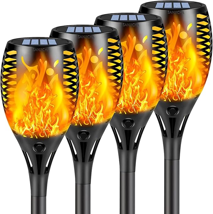 4 Pack Super Larger Size Solar Flame Torch Lights with Flickering Flame Solar Flame Lights Outdoor Waterproof for Garden Decor Extra Bright Tiki Torches Solar Lights Outdoor for Pathway Patio Yard