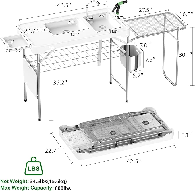 Allpop Fish Cleaning Table with 2 Sinks 42.5'' Portable Folding Camping Fish Station with Extanded Stand Grid Rack Faucet Drainage Hose Sprayer Storage Box Drawer &amp Grooves for Picnic Whit