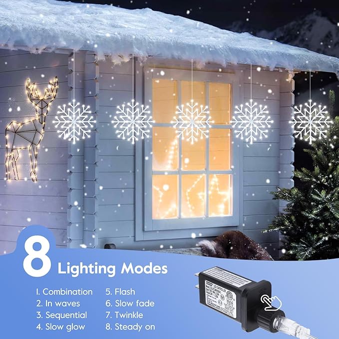 Brightown 2 Pack Christmas Snowflake Icicle Lights Outdoor - Plug-in 23.6ft 10 Drops 480LED Snowflake Window Lights for Indoor Outdoor Porch Eaves Rooftops Christmas Decoration