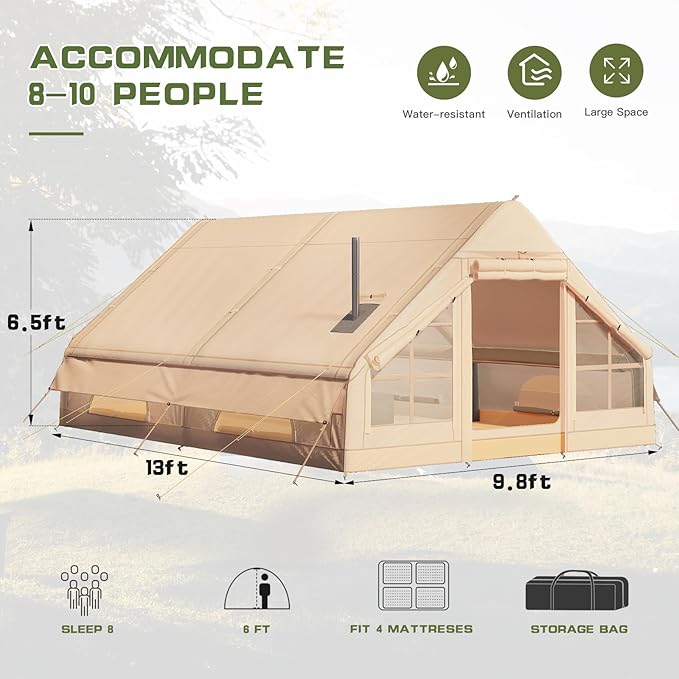 Yoleny Inflatable Tents for Camping with Stove Jack 8-10 Person Blow Up Tent Easy Setup with Hand Pump Portable 130 Square Waterproof Camping Tent