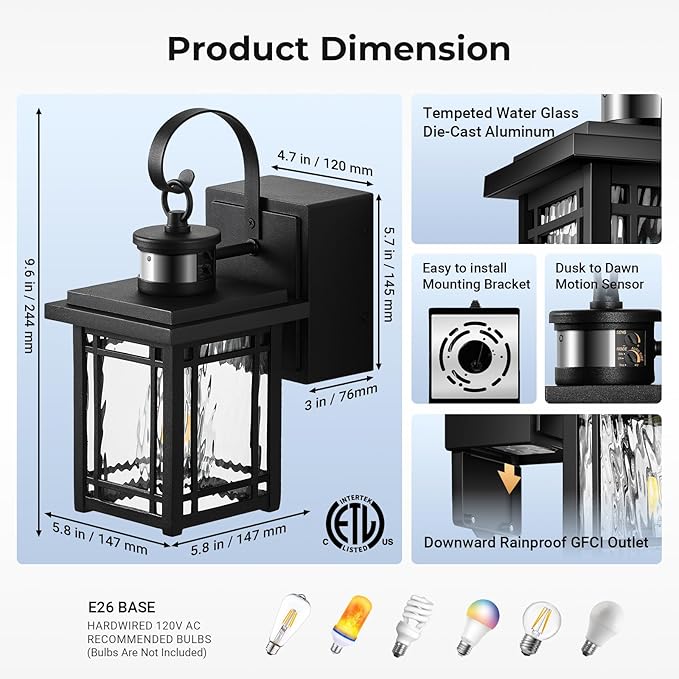 Outdoor Porch Light with GFCI Outlet Motion Sensor Outdoor Light Fixtures Wall Mount Black Exterior Wall Sconce Lantern with Ripple Glass Anti-Rust Coach Lights for Garage Patio Front Door