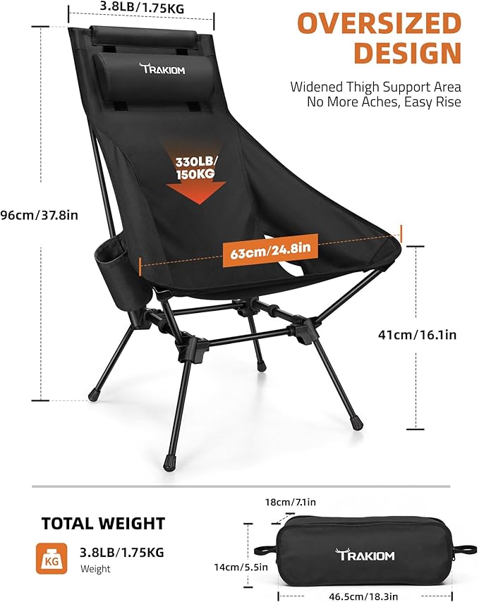 High Back Folding Camping Chair Widened Seat &amp Lightweight Black Portable Chair with Stable Design Adjustable Head Support for Beach Camping Festival Hiking and Outdoor Travel