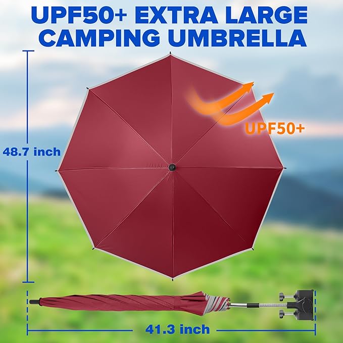 2PACK 48.7inch Umbrella for Beach Chair 360°Adjustable 50+ UV Protection Large Camping Chair Umbrella with Universal Clip for Glof Cart Garden Table Bleacher（ChairTable not include）