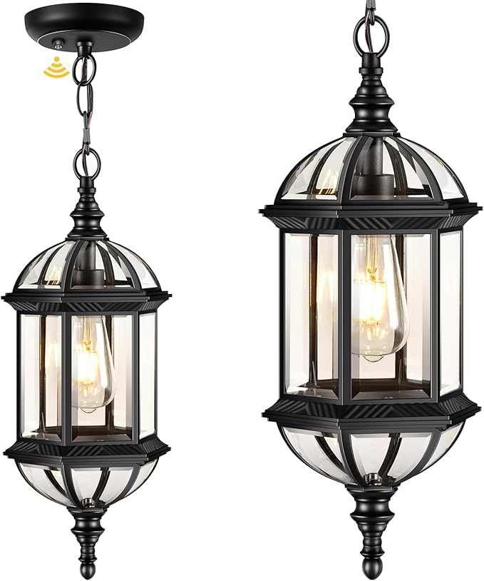 VIANIS 20 Large Dusk to Dawn Outdoor Hanging Lights Black Outside Pendant Light Waterproof Exterior Ceiling Lights for Patio Porch Entryway Anti-Rust Adjustable Length Chandelier Hardwired
