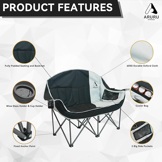 Double Camping Chair with Cooler Oversized Heavy Duty Loveseat for Adults Portable Folding 2 Person Camp Couch Padded Comfortable Two Seat for Outdoor Beach Lawn Tailgating Sports (Black Grey)
