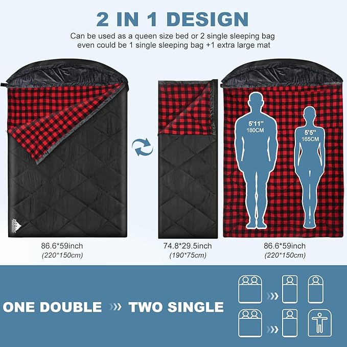 AGEMORE Cotton Flannel Double Sleeping Bag with Fleece Lined Hood Waterproof Queen Size 2 Person Sleeping Bag for Adults Cold Weather Camping Backpacking or Hiking 3-4season