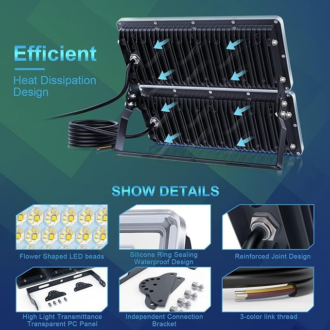 300W LED Flood Light 2 Pack 30000LM 7000K Super Bright Stadium Lights Outdoor LED IP67 Waterproof Stadium Flood Lights Outdoor for YardGarden (600 Watts)