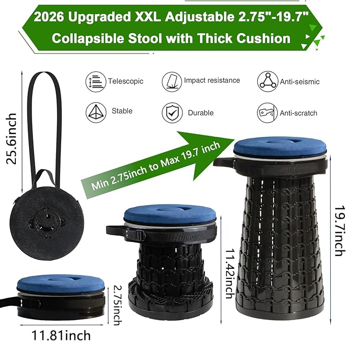 2026 Upgraded XXL Collapsible Stool with Thick Cushion19.7H-11.8D Telescoping Folding Stool for Adults More Sturdy Camping Stools with Load Capacity 1000lbs for OutdoorGardenFishingHiking