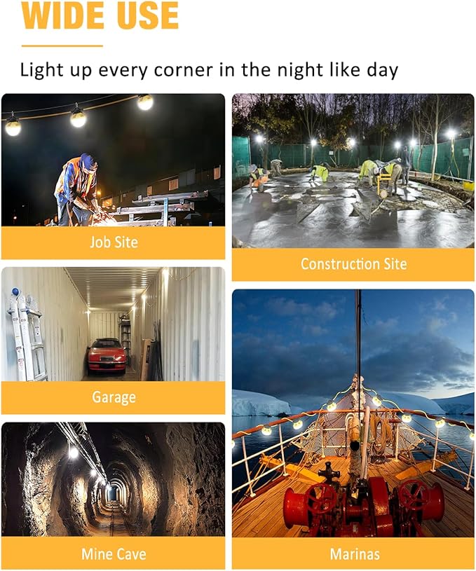 100FT Construction String Light 130W 16000Lm 5000K Industrial Grade LED String Work lights IP65 Waterproof Temporary Lighting for Construction Sites Renovation Mine Cave Job Site Walkways