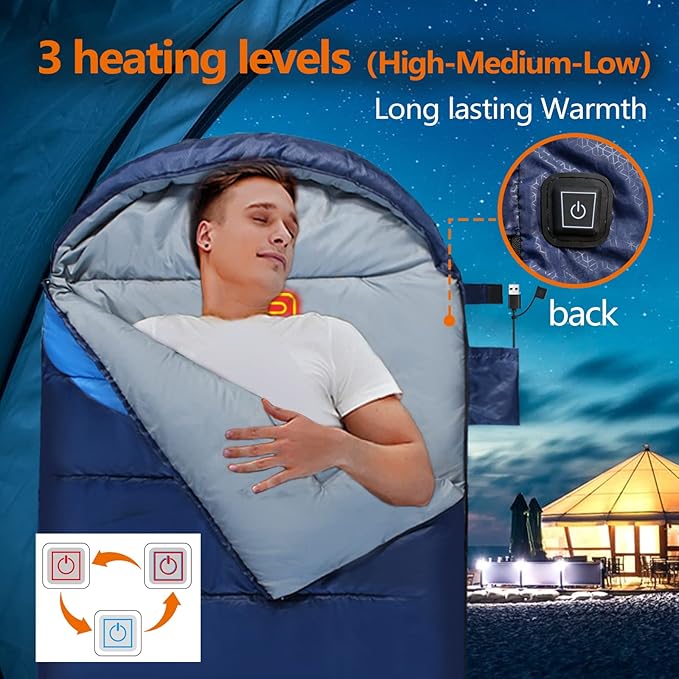 Sojoy Heated Sleeping Bag for Adult-4pcs Heating Areas and 3 Adjustable Heating Levels-Great for Cold Weather Outdoor CampingBackpacking&ampHiking