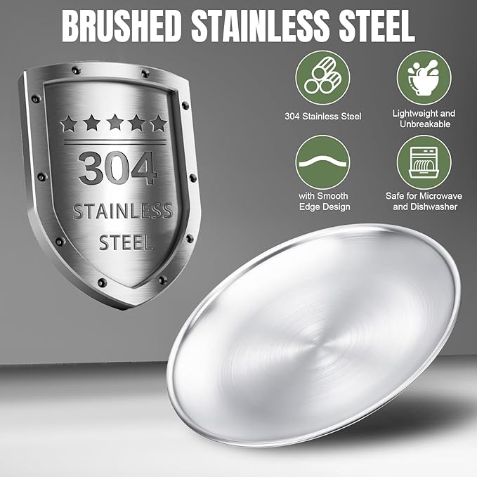 Jinei 30 Pcs 304 Stainless Steel Dinner Set Stainless Steel Plates and Bowls Include Plates Bowls Cups Forks Spoons Utensil Reusable Metal Camping Dinnerware Tableware for Kitchen (SilverLarge)