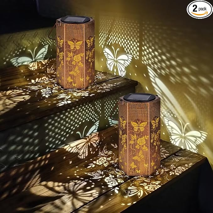 Mothers Day Gifts for Mom Grandma - Birthday Gifts for Women 2 Pack Butterfly Solar Lanterns Outdoor Waterproof Butterflies Solar Lights Outdoor Hanging Garden Decor for Outside