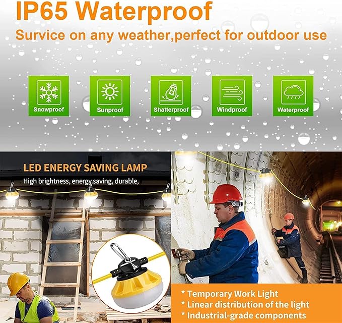 200FT Construction LED String Lights Industrial Grade Best for Construction Sites Renovation Patio Mine cave Outdoor and Other Outdoor Lighting Solutions Use with Hook (200FT -20 Lights)