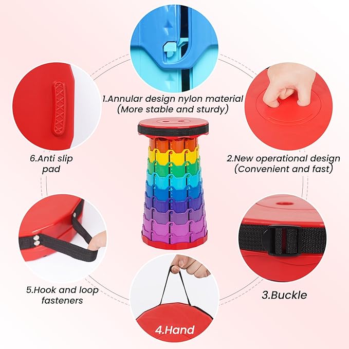 2 Pack Portable Telescoping Stools Collapsible Stool with CushionRetractable Foldingstool Max Load Capacity 400lbs Portable Collapsible Stools for Camping Hiking Outdoor BBQ Rainbow-Red
