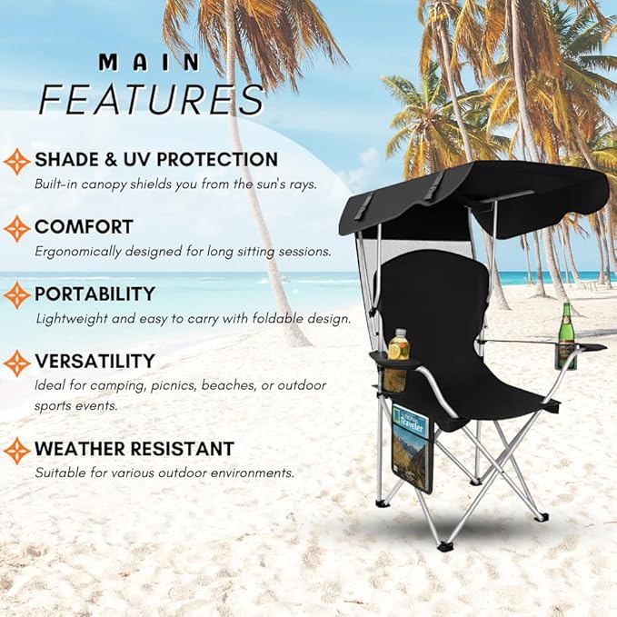 Portable Folding Camping Chairs with Canopy Shade Beach Chair for Adults Durable Weather Resistant 600D Oxford Cloth Camping Chair with Canopy for Outdoors [Black]