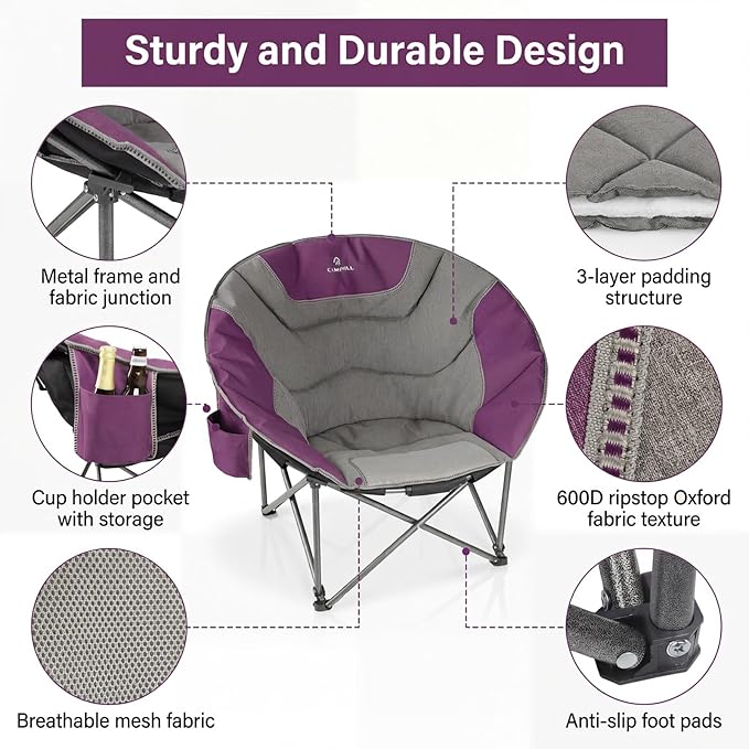 Oversized Camping Moon ChairsFolding Round Padded Sofa Chair for AdultsOutdoor Lawn Chairs w/Side PocketPerfect for IndoorFamily CampingPicnics and GardenPurple&ampGrey