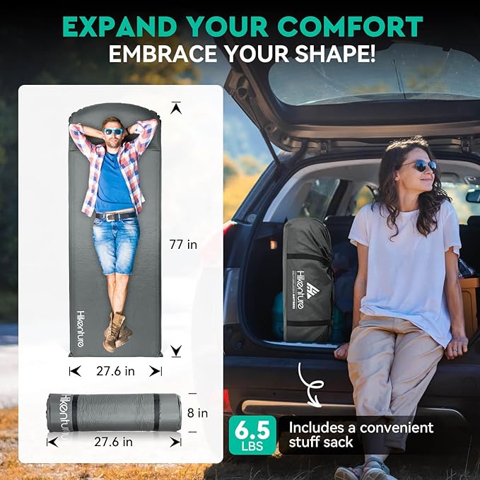 Hikenture Self Inflating Sleeping Pad for Camping 3'' Ultra Thick Camping Pad with Pillow 9.5 R-Value Insulated Camping Mattress 4-Season Inflatable Foam Camping Mat for Car Tent Cot