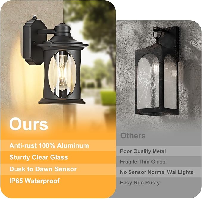OKELI 2-Pack Dusk to Dawn Outdoor Wall Lights Black Exterior Lighting Fixture Wall Sconces with E26 &amp Tempered Glass Rust Resistant Outside Lantern Lights Wall Mounted for Porch