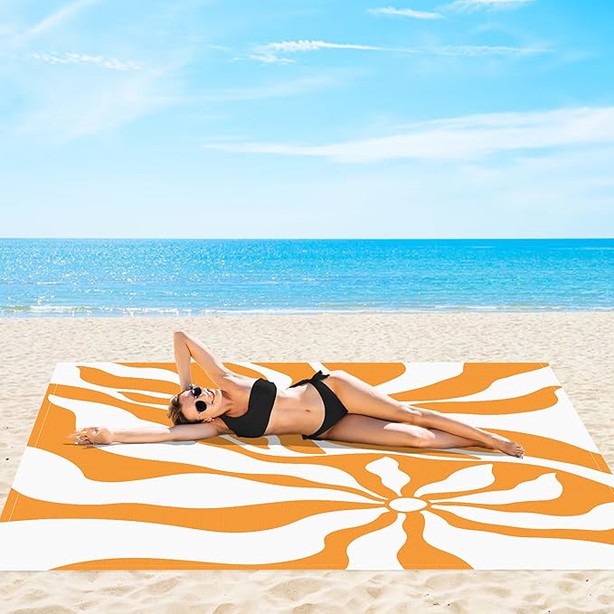110''×118'' Waterproof Sandproof Beach Blanket 8 Adults Sand Free Boho Sun Outdoor Beach Mat with 4 Stakes Extra Large Compact Picnic Pockets Blanket Essential for Travel Camping Summer Vocation